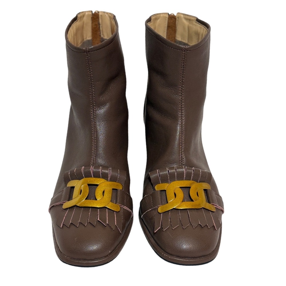 Vero Cuoio Brown Leather Kiltie Fringe Gold Chain Block Heel Ankle Boot Size 8.5 - Picture 3 of 6